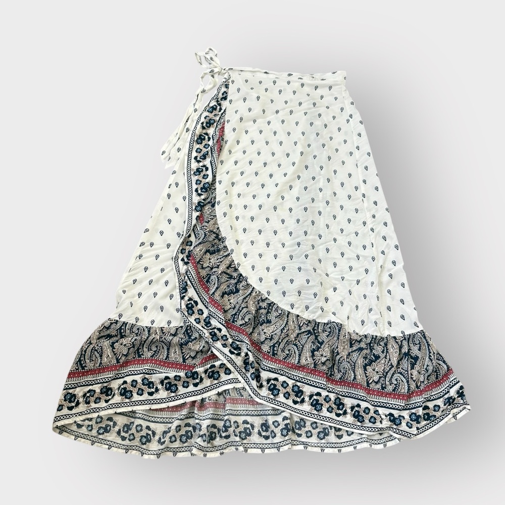 umgee White Blue Paisley Ruffle High Low Wrap Skirt - Boho Chic